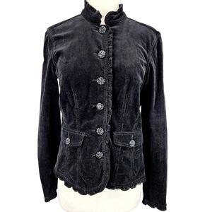 SALE Dressbarn Black Corduroy Jacket Ruffle Trim Beaded Buttons Size Small